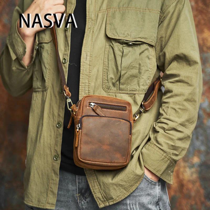 NASVA Original Crazy Horse หนังเอวกระเป๋าผู้ชาย Multi-Compartment กระเป๋าใบเล็กของแท้หนัง Retro Diagonal กระเป๋า Cowhide กระเป๋าโทรศัพท์มือถือกีฬากระเป๋า