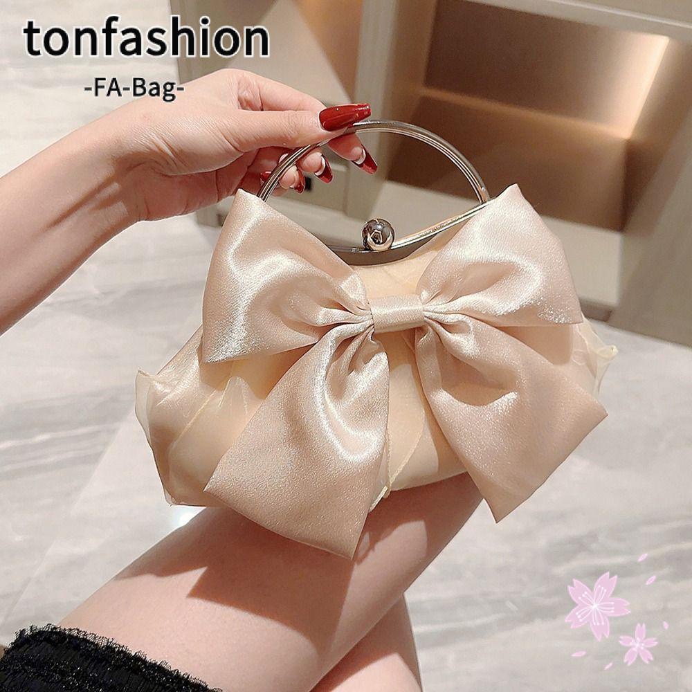 Tonfashion กระเป๋าสะพายไหล่ กระเป๋าคลัทช์ ผ้าไหม ประดับโบว์ สีทอง หรูหรา เหมาะกับงานเลี้ยง งานแต่งงาน