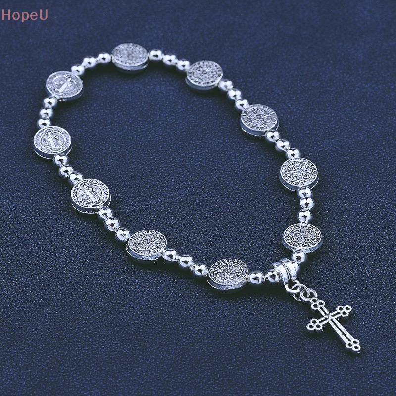 [HopeU] สร้อยข้อมือลูกปัด รูปไม้กางเขนพระเยซู สีเงิน สไตล์เรโทร เครื่องประดับสําหรับของขวัญคริสเตียน