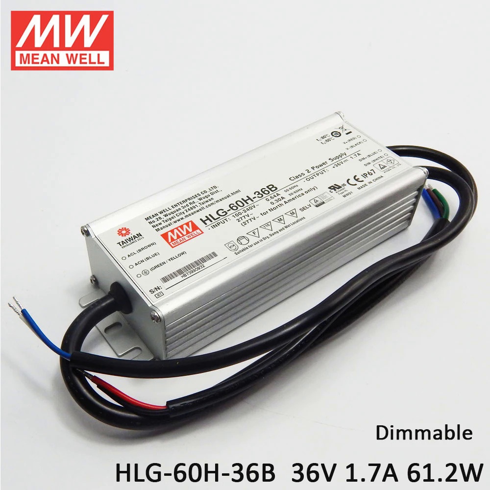 MEAN WELL DimmableLED ไดร์เวอร์ HLG-60H-36B 60W 36V LED สวิทช์แหล่งจ่ายไฟ 110V/220V AC ถึง 36V DC 1.7A 60W กันน้ํา IP67 Dimming