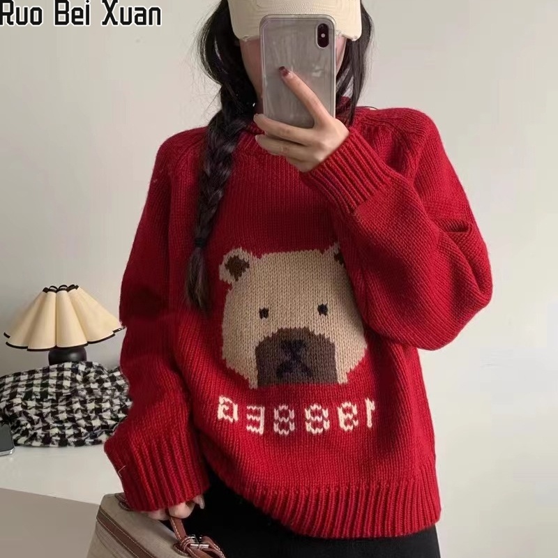 Ruo Bei Xuan เสื้อกันหนาว คอกลม ผ้าถัก ทรงหลวม สไตล์เกาหลี แฟชั่นสําหรับผู้หญิง