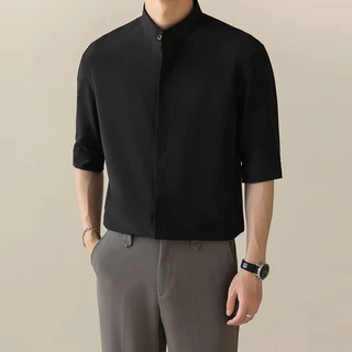 เสื้อเชิ้ตลําลอง คอตั้ง เข้ารูป แฟชั่นฤดูร้อน สําหรับผู้ชาย