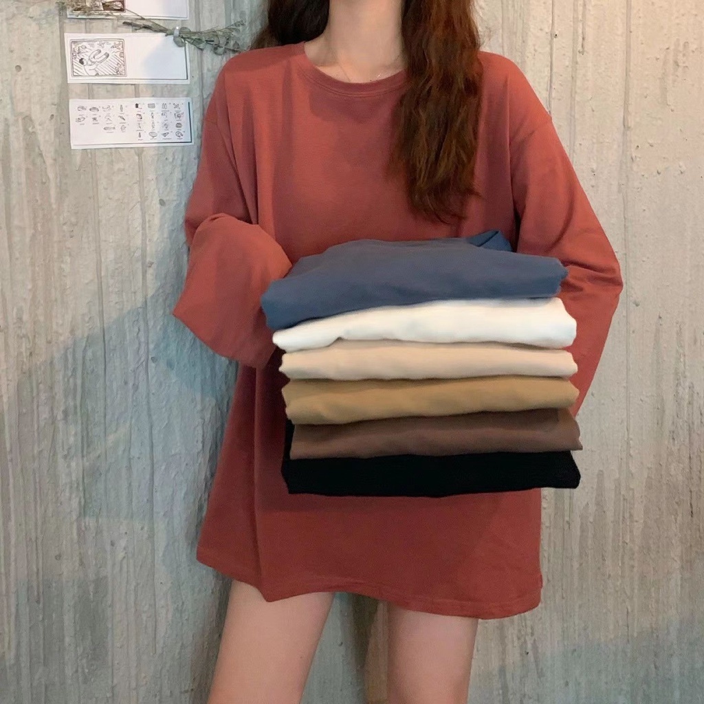 【เสื้อยืดโอเวอร์ไซซ์】เสื้อยืดแขนยาว แบบสวมหัว ทรงหลวม พลัสไซซ์ (40-150 กก.) (6 สี)