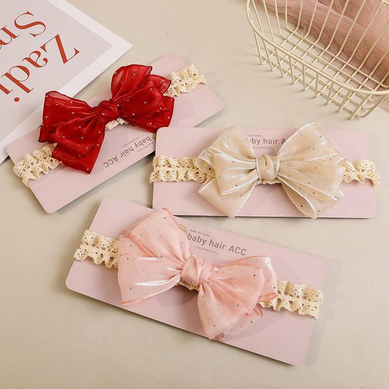 พร้อมส่ง ที่คาดผม ประดับโบว์ ลูกไม้ สีแดง สีชมพู สีเบจ สําหรับเด็กผู้หญิง