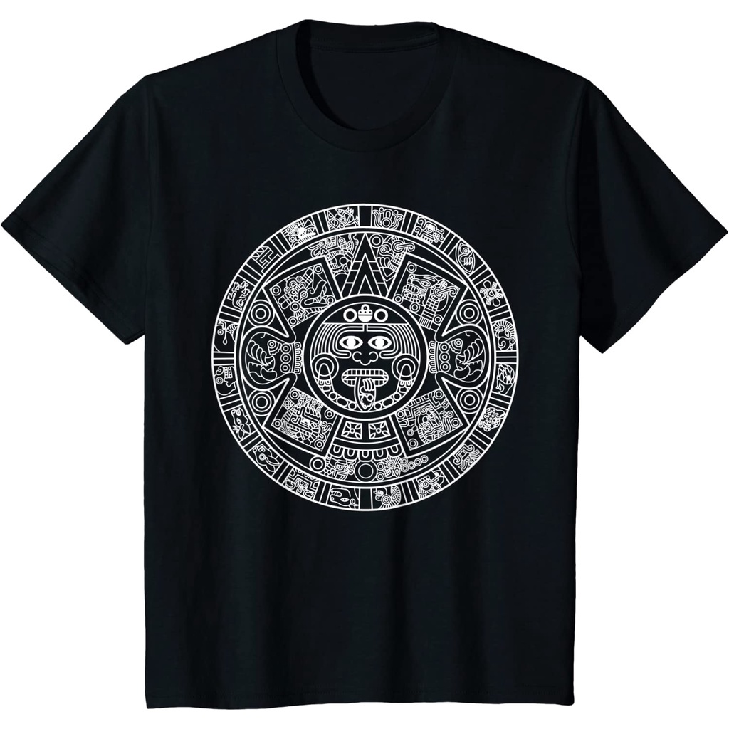 สวยมาก a เสื้อยืดสีขาวเสื้อยืดแขนสั้น พิมพ์ลายสัญลักษณ์ Mayan Sun Stone Aztec Calendar - Mexica Nahu