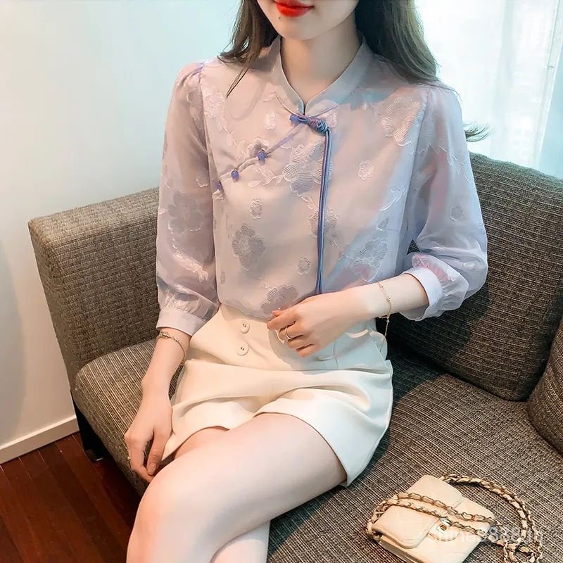 เสื้อครอปแขนพัฟ ผ้าชีฟอง สไตล์จีน แฟชั่นฤดูใบไม้ผลิ และฤดูร้อน สําหรับผู้หญิง RGHJ