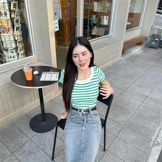 Aurora 🛒พร้อมส่ง🚚 (88618) เสื้อไหมพรมแขนสั้น คอกลม เสื้อยืดไหมพรม ลายทาง ดีเทลลายทางคิ้วๆ เสื้อยืดแขนสั้นผู้หญิง ส่งไว