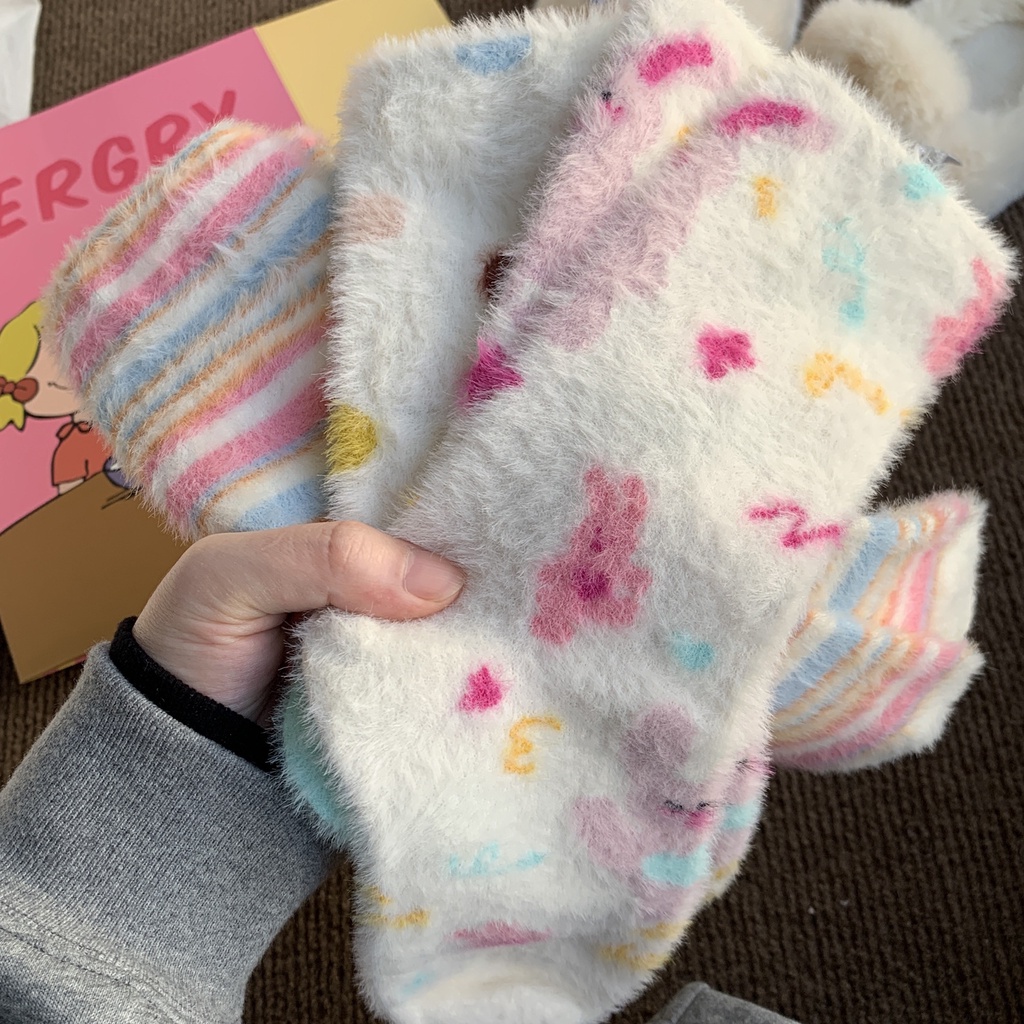 ถุงเท้า ผ้าฟลีซ แบบหนา ผ้ากํามะหยี่ ลายทาง ให้ความอบอุ่น สไตล์เรโทร เหมาะกับฤดูใบไม้ร่วง และฤดูหนาว สําหรับเด็กผู้หญิง