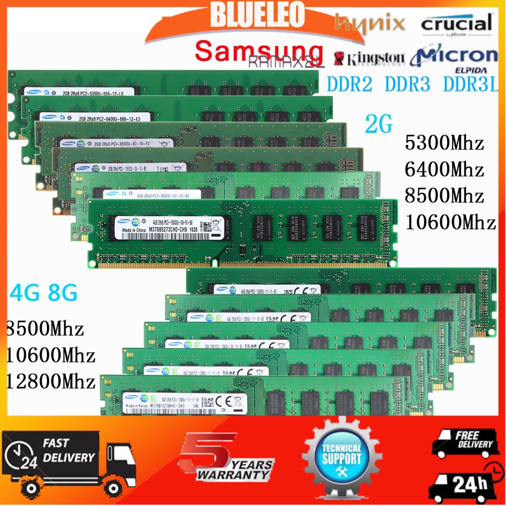Samsung 2G 4G 8G DDR2 DDR3 DDR3L 5300 6400 8500 10600 12800 PC2 PC3 PC3L 667Mhz 800Mhz 1066Mhz 1333Mhz 1600Mhz หน ่ วยความจําเดสก ์ ท ็ อป RAM รับประกันตลอดอายุการใช ้ งาน