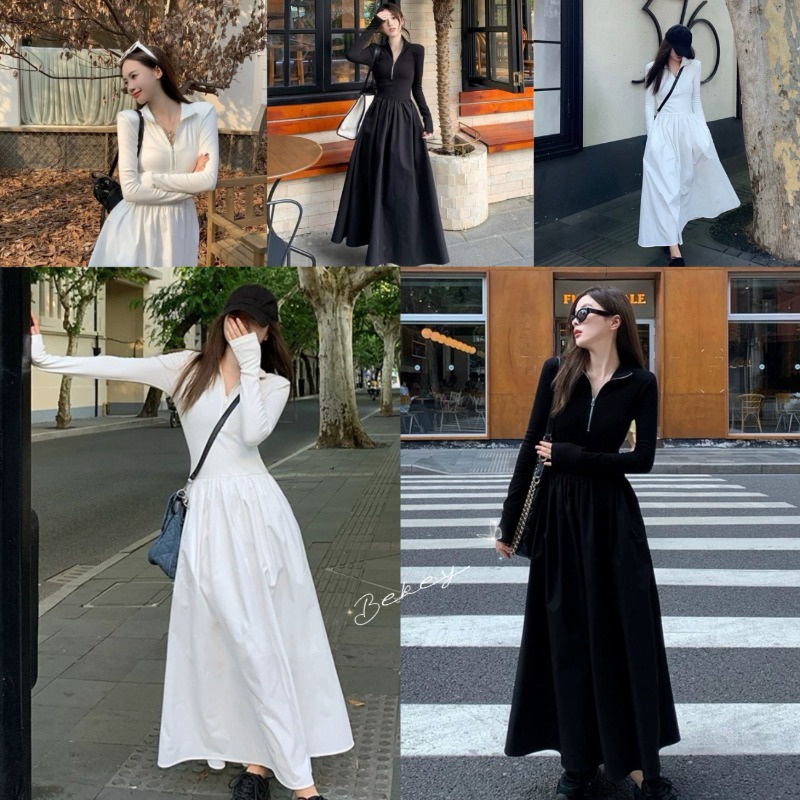 (จัดส่งจากกรุงเทพ🇹🇭) ชุดเดรสแฟชั่นแขนยาว กระโปรงยาวซิปหลัง L043