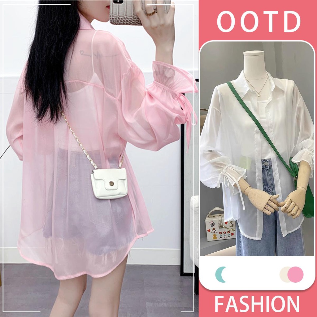 KOKO W290 เสื้อเชิ้ตแขนยาว น่ารัก คอวี สไตล์เกาหลี ผ้าชีฟอง เสื้อเชิ้ตกันแดดแบบบาง แฟชั่น ทรงหลวม แขนเสื้อมีเชือกผูก