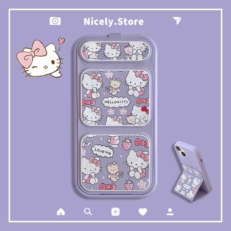เคสโทรศัพท์มือถือ กันกระแทก กันฝุ่น ปิดด้านหลัง ลายคิตตี้ หมี โบว์น่ารัก สีม่วง พร้อมขาตั้ง สําหรับ iPhone 15 14 13 12 Pro Max 11