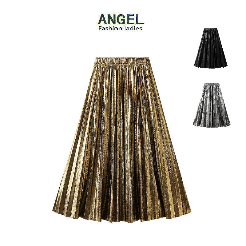 [3 สี] ANGEL แฟชั่นผู้หญิง midi กระโปรงสีเมทัลลิก สีพื้น เกาหลี ยืดหยุ่น เอวสูง ทรงเอ สีทอง บาง ขนาดใหญ่ กระโปรงจีบสวิง กระโปรงยาว สําหรับผู้หญิง