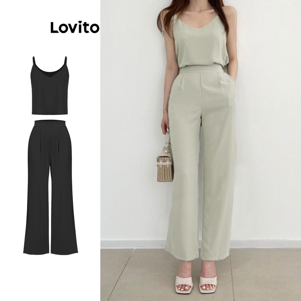 Lovito ชุดเซ็ทกางเกงขายาวผู้หญิง แต่งจีบ สีพื้น สไตล์ลำลอง L74ED159