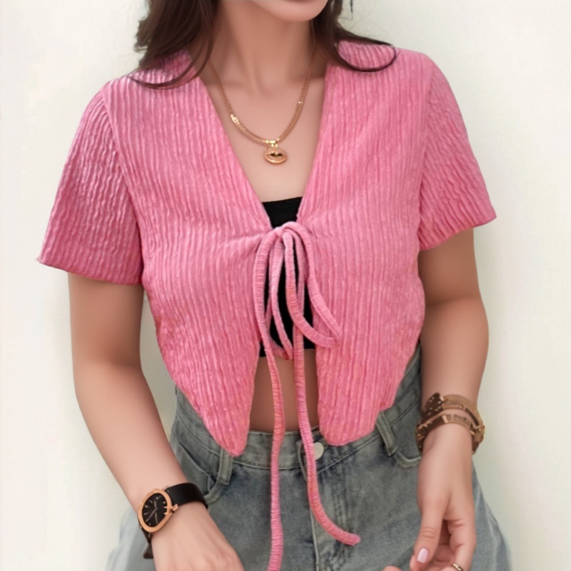 suysuy พร้อมส่ง เสื้อครอป y2k เอวลอย สายฝอ ผูกโบว์ รูปที่ 4