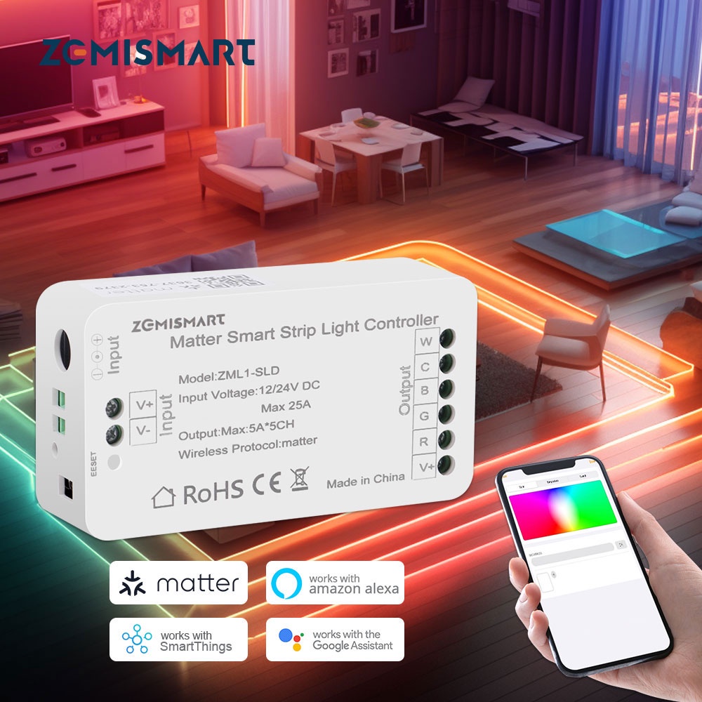 Zemismart Matter Wifi Strip Driver DIY Light Controller สมาร์ท LED Driver DC 12/24V 5Ax5CH สนับสนุน Smartthings Alexa Google Home App Control,Matter โคมไฟ 2700-6500k