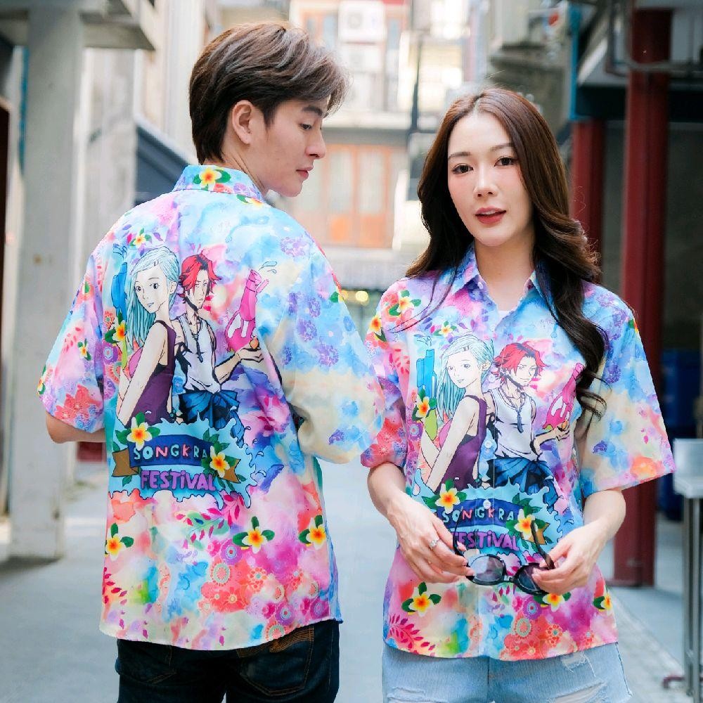 PINK020เสื้อฮาวายลายใหม่2026 Songkran ทรงวัยรุ่น หญิงชายใส่ได้ ผ้าโพลีพรีเมี่ยมไซส์38-56นิ้ว งานปัายKTIERออกแบบเอง*1ตัว* รูปที่ 8
