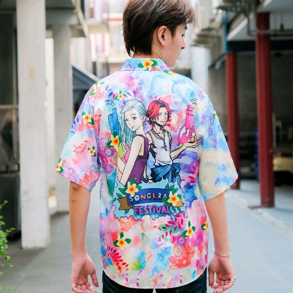 PINK020เสื้อฮาวายลายใหม่2026 Songkran ทรงวัยรุ่น หญิงชายใส่ได้ ผ้าโพลีพรีเมี่ยมไซส์38-56นิ้ว งานปัายKTIERออกแบบเอง*1ตัว* รูปที่ 6