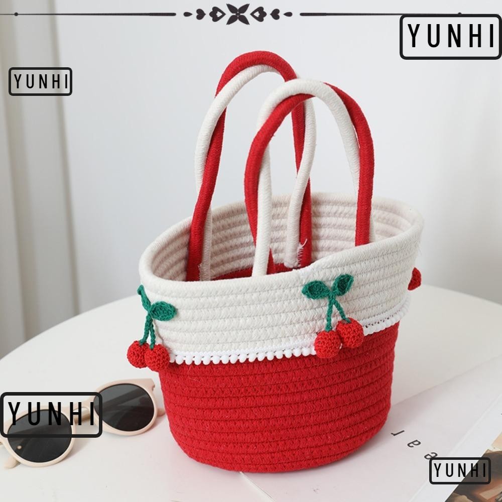 Yunhi กระเป๋าฟางถัก, กระเป๋าถือลายเชอร์รี่สไตล์ลําลอง Twine, ตะกร้าทอทรงถังสีแดงน่ารักผู้หญิง