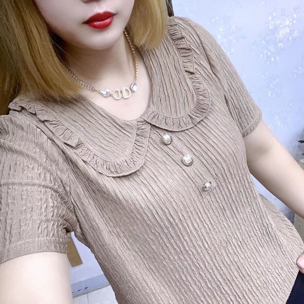 แฟชั่นเชื้อราขอบท็อปส์ผู้หญิงฤดูร้อนแขนสั้นเสื้อยืดสําหรับผู้หญิงรูปแบบใหม่ตุ๊กตาปกฐานเสื้อยืด