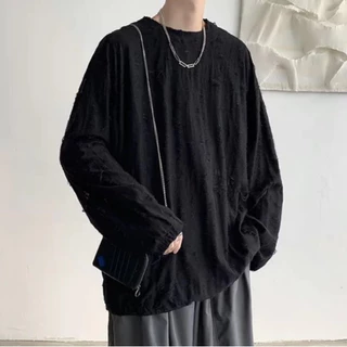 Distressed Textured Long Tee เสื้อยาวแขนยาวผู้ชายผ้าลายรอยฉีกทรงโอเวอร์ไซซ์ ผ้านุ่มระบายอากาศ มี3สี ดำ/เทา/น้ำเงิน Size M-3XL