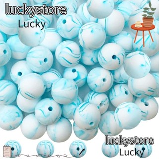 Lucky ลูกปัดซิลิโคน ทรงกลม 15 มม. สีขาว สีฟ้า สําหรับทําสร้อยข้อมือ DIY