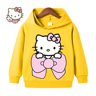 เสื้อกันหนาวแขนยาว มีฮู้ด ผ้าฝ้าย พิมพ์ลาย Hello Kitty แฟชั่นฤดูใบไม้ผลิ และฤดูใบไม้ร่วง สําหรับเด็ก