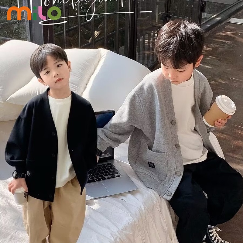 MILO เสื้อแจ็กเก็ตคาร์ดิแกน สีดํา สไตล์เกาหลี สําหรับเด็กผู้ชาย