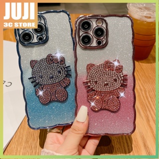 เคสโทรศัพท์มือถือใส กันกระแทก ลายการ์ตูนแมว Hello Kitty แต่งกลิตเตอร์ ไล่โทนสี สําหรับ IPhone 15 12 13 14 Pro Max 11