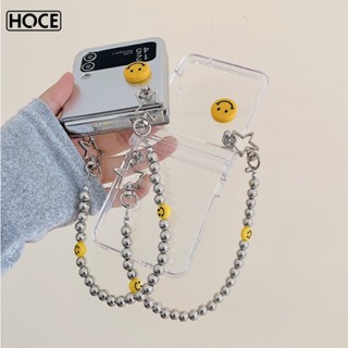 Hoce ZFLIP5 เคสโทรศัพท์มือถือแบบใส ฝาพับ ลายหน้ายิ้มน่ารัก พร้อมสายโซ่คล้องมือ สําหรับ Samsung Galaxy Z Flip 5 4 3 Flip4 Flip3