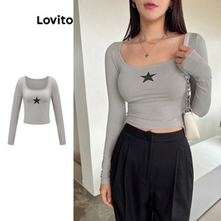 Lovito เสื้อยืดลําลอง แขนยาว พิมพ์ลาย สําหรับผู้หญิง L61AD050 (สีเทา)