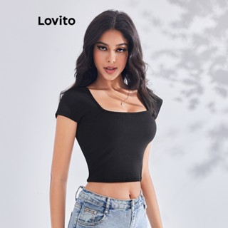 Lovito เสื้อยืดลําลอง เรียบง่าย สําหรับผู้หญิง LBE03081 (สีดํา)