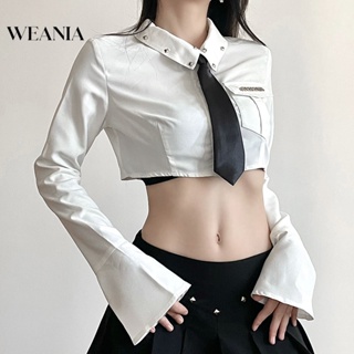 Weania เสื้อครอปแขนยาว คอปก ผูกโบว์ แฟชั่นสําหรับผู้หญิง