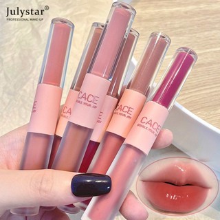 JULYSTAR Cace สนุก Double Head Lip Glaze Matte Double Head Lip Glaze Lasting กันน้ำ Pearlescent Lip Glaze ไม่ติดถ้วย lip Glaze