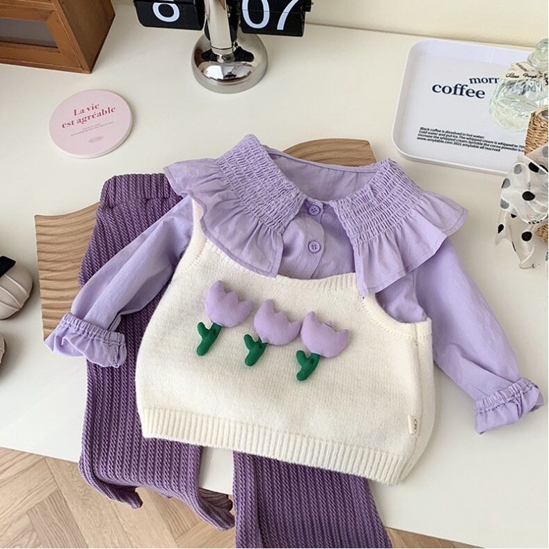 PRETTY BABY พร้อมส่ง ชุดเซ็ท 3 ชิ้น เสื้อเเขนยาวเด็ก สายเดี่ยวเด็ก กางเกงขายาว (921)
