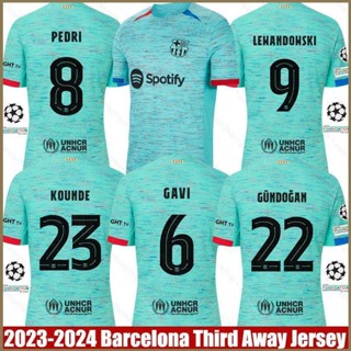 Qy 2023-2024 เสื้อยืด แขนสั้น พิมพ์ลาย Barcelona Third Away Gundogan Gavi Kounde Lewandowski Pedri Jersey พลัสไซซ์