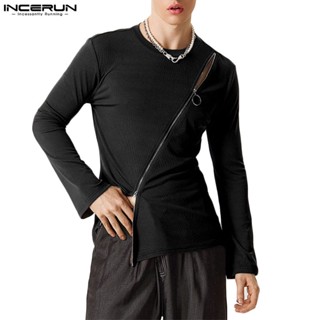 Incerun เสื้อยืด คอกลม แขนยาว ผ้าถัก มีซิป สไตล์วินเทจ สําหรับผู้ชาย