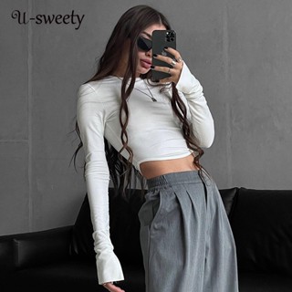 U-sweety เสื้อยืดคอกลม แขนยาว สีพื้น ทรงสลิม สําหรับผู้หญิง 2023