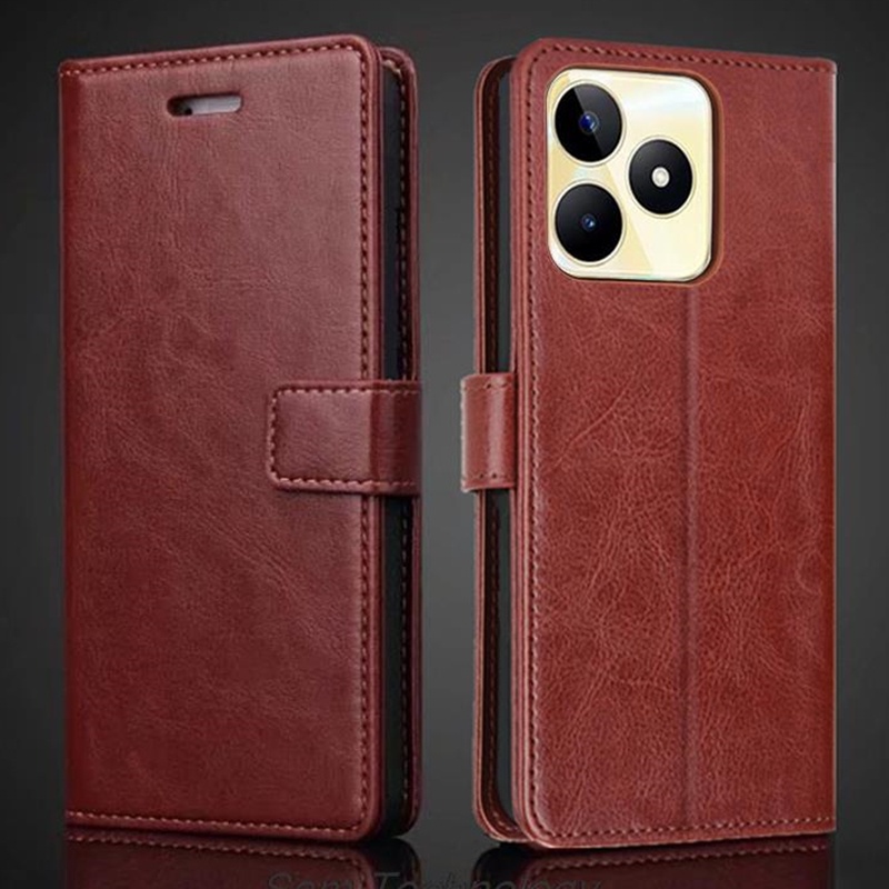 เคสหนังวัวแท้ ฝาพับ พร้อมช่องใส่บัตร ขาตั้ง สไตล์วินเทจ สําหรับ Realme C53 RMX3760