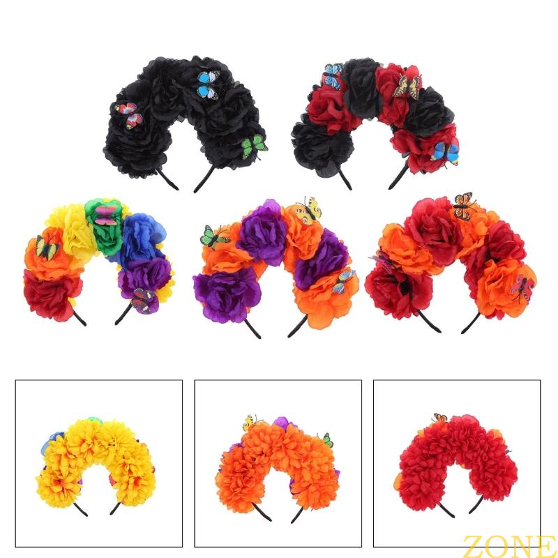 Zon Day of The Dead Flower ที่คาดผมฮาโลวีน มงกุฎดอกไม้ พวงหรีดผม ปาร์ตี้ หูฟัง พร้อมผีเสื้อ ตกแต่ง 4 ดอกไม้