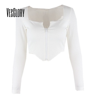 Vesglory เสื้อครอปท็อปแขนยาว คอสี่เหลี่ยม เข้ารูป สีพื้น แฟชั่นสําหรับผู้หญิง 2023