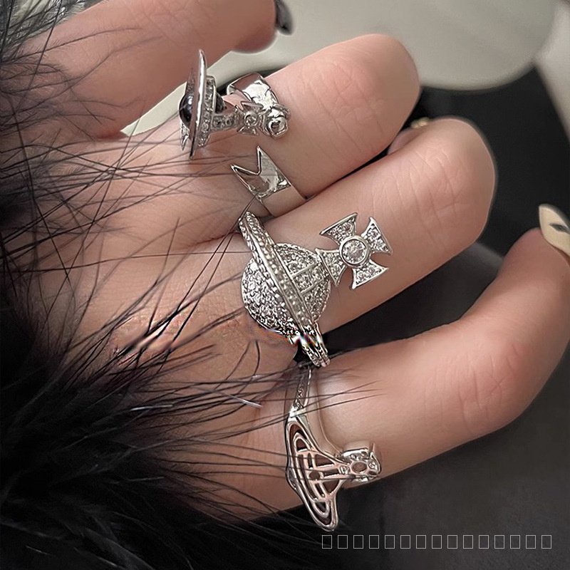 0919SDY Niche Personality Trendy Ring Queen Mother Punk Diamond-Embedded Sweet Coocaa Mouth Ring Female Saturn Three-Dimensional Cold Wind LGDF