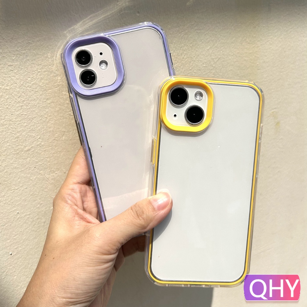 Qhy - เคสโทรศัพท์มือถือแบบใส หนา กันกระแทก สีเหลือง ม่วง แดง ดํา ขาว เขียว สําหรับ iphone 14 15 11 PRO 12 PRO 13 mini XS MAX 2 in 1