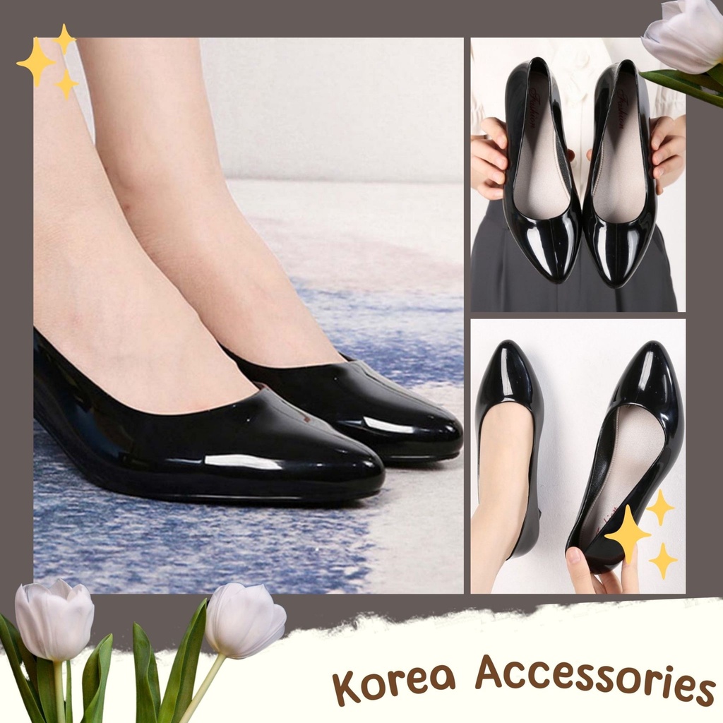 Korean รองเท้าคัชชูส้นเตี้ย ทรงหัวแหลม เบอร์ 36-40 สีดำเงา (166)