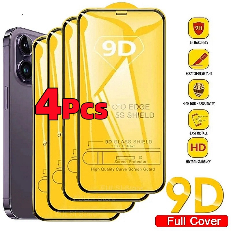 กระจกนิรภัยกันรอยหน้าจอ 9D สําหรับ iPhone 15 14 13 12 11 Pro Max Ultra Mini X Xs Max XR 7 8 Plus 4 ชิ้น