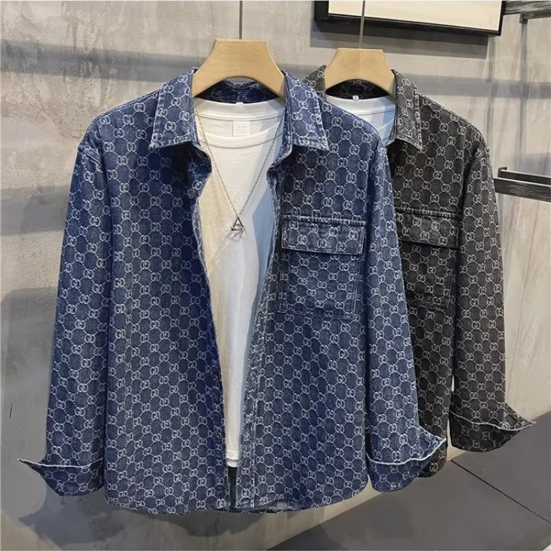ปกยีนส์เสื้อเชิ้ตแขนยาวผู้ชายฤดูใบไม้ผลิฤดูใบไม้ร่วงแสงหรูหราความรู้สึกระดับไฮเอนด์ คนพาล หล่อเทมera