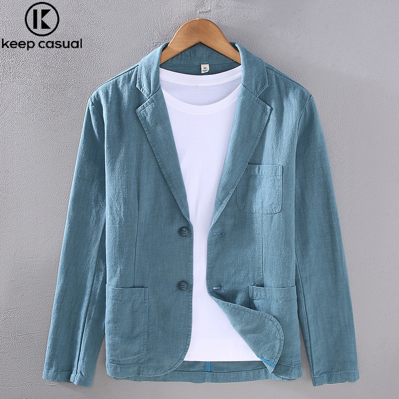 『Keep Casual』Mens Notch Lapel Casual Ramie ชุดผู้ชายหลวมธุรกิจผ้าฝ้ายและผ้าลินินเสื้อสูท