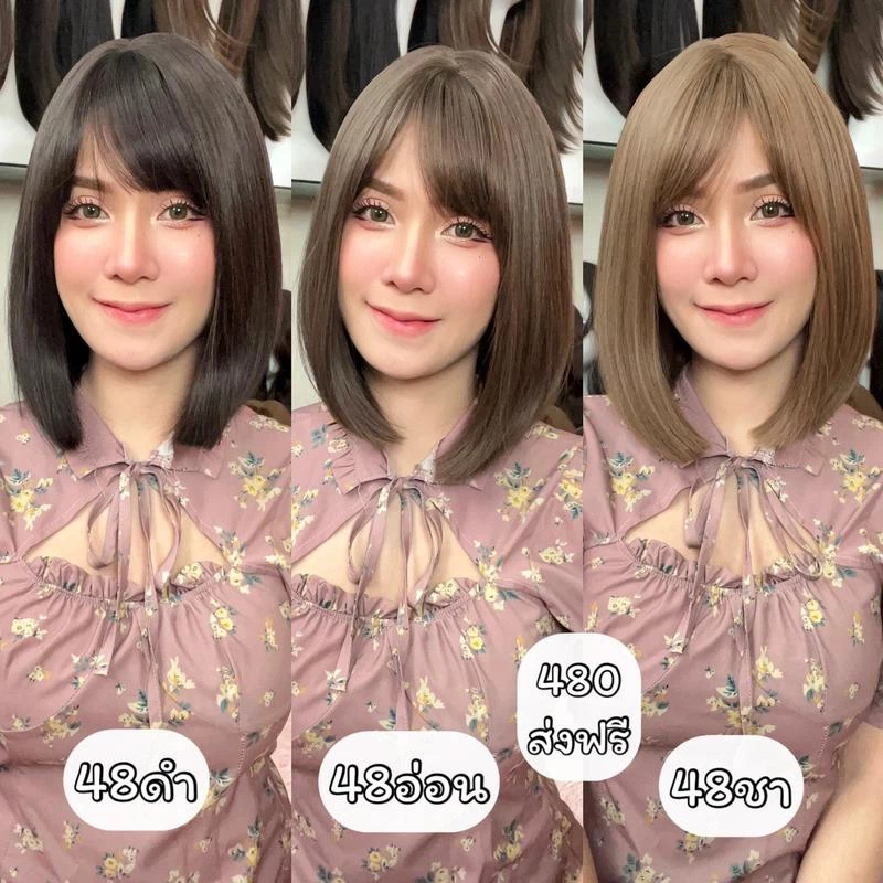เบอร์ 48 : รหัส Pinny วิกผมตรงสั้นยาวปะบ่าปลายสไลค์เล็กน้อย - หนังศีรษะเทียมซิกแซก (แถมเน็ต+ขาตั้ง+ของแถม)