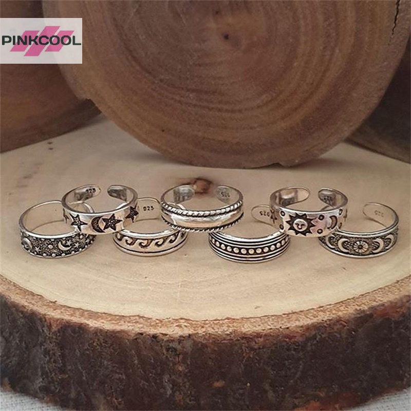 Pinkcool แหวนนิ้วเท้าแกะสลัก รูปดาว ดวงจันทร์ ปรับได้ สไตล์วินเทจ 7 ชิ้น