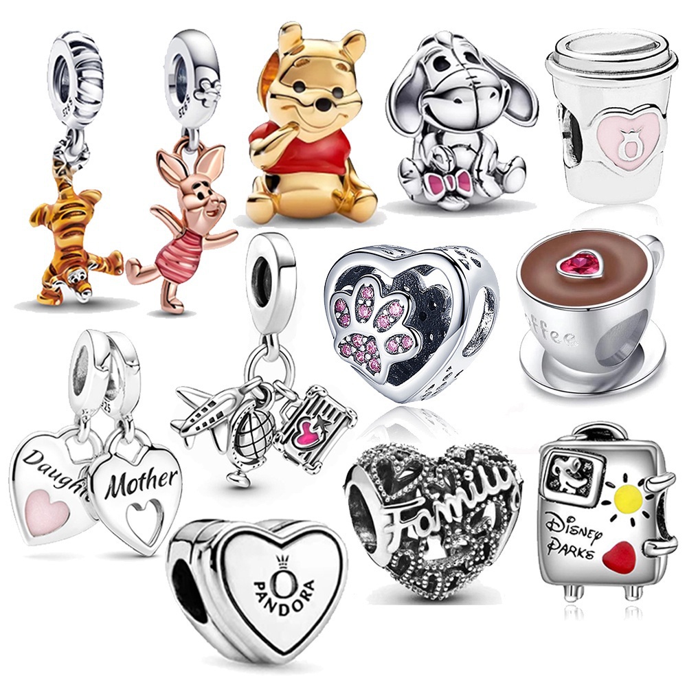 Berloque pan S925 เงินชุบ Bath Tiger Bear Winnie Disney Charm Love เครื ่ องบินกาแฟ Charms สําหรับสร ้ อยข ้ อมือ